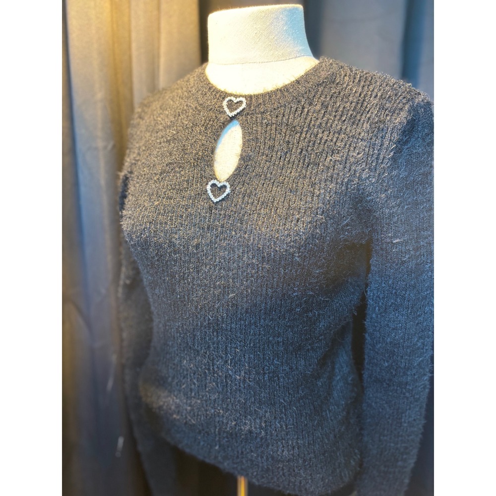 Fuzzy Black Keyhole Heart Rhinestone Sweater Long Sleeve Knit Top Charcoal‎